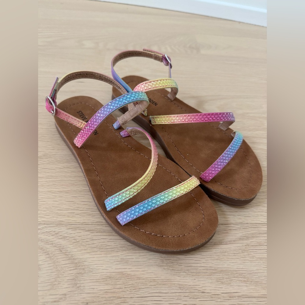 New Steve Madden Girl's Sz 3 j plum sparkle strappy sandals rhinestone rainbow